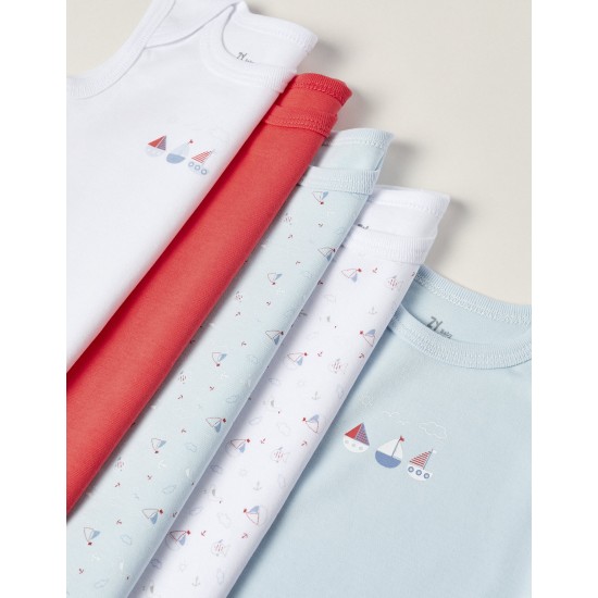 PACK 5 COTTON BODIES FOR BABY AND NEWBORN 'BOATS', BLUE/WHITE/RED