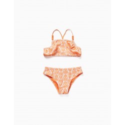 FLORAL BIKINI WITH BEADS AND RUFFLES UV PROTECTION 80 FOR GIRL 'YOU&ME', ORANGE