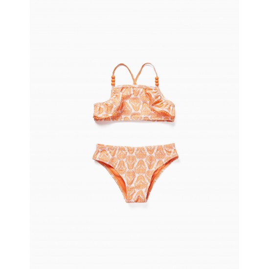 FLORAL BIKINI WITH BEADS AND RUFFLES UV PROTECTION 80 FOR GIRL 'YOU&ME', ORANGE