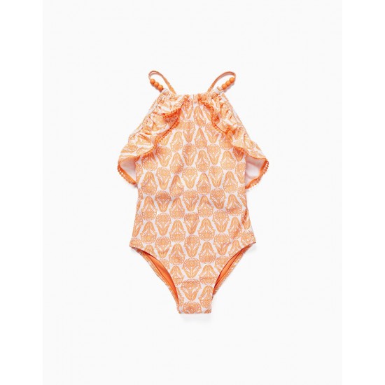 GIRL'S 'YOU&ME' UV 80 PROTECTION SWIMSUIT WITH BEADS AND RUFFLES, ORANGE