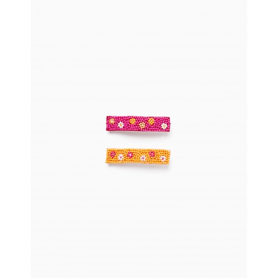 PACK 2 HAIR STROKES WITH BEADING FOR GIRL, ORANGE/PINK