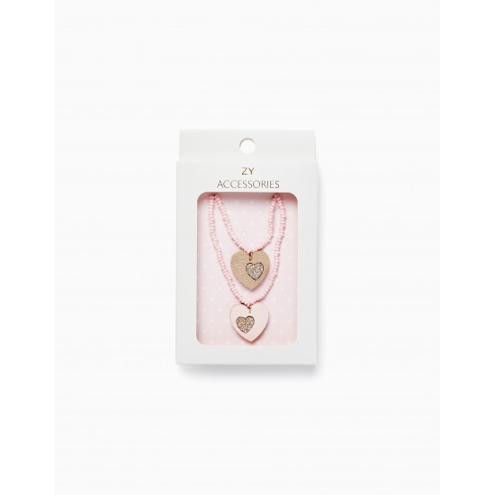 PACK 2 NECKLACES WITH BEADS FOR GIRLS 'HEARTS', PINK