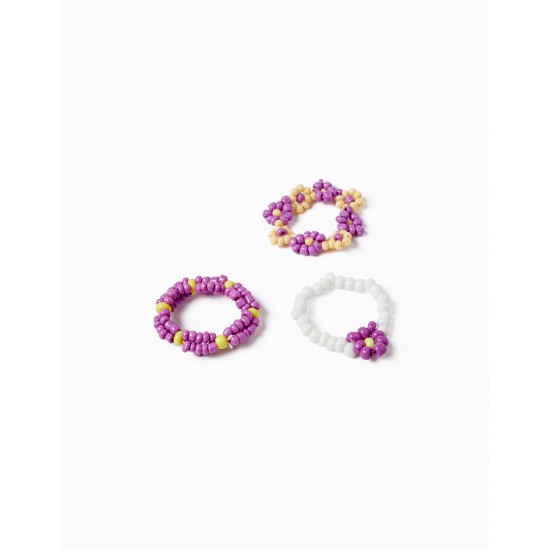 PACK OF 3 RINGS IN BEADING FOR GIRL, LILAC/YELLOW