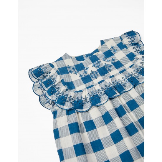 PLAID COTTON BLOUSE AND RUFFLE FOR GIRLS 'B&S', WHITE/DARK BLUE