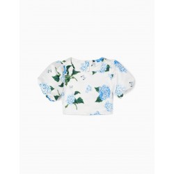 SATIN TOP WITH BLUE HYDRANGEAS FOR GIRLS, BLUE/WHITE