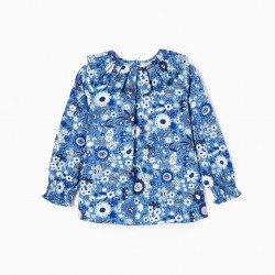 COTTON BLOUSE WITH FLORAL MOTIF FOR GIRLS, BLUE/WHITE