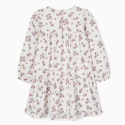COTTON DRESS WITH FLOWERS FOR GIRL, WHITE/PINK