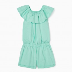 SHORT COTTON JUMPSUIT FOR GIRL, WATER GREEN