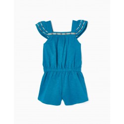 SHORT COTTON JUMPSUIT WITH EMBROIDERY FOR GIRL, TURQUOISE BLUE