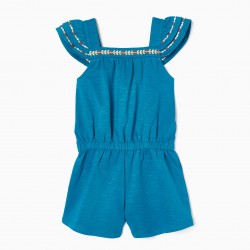 SHORT COTTON JUMPSUIT WITH EMBROIDERY FOR GIRL, TURQUOISE BLUE
