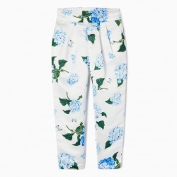 SATIN TROUSERS WITH BLUE HYDRANGEAS FOR GIRLS, WHITE/BLUE
