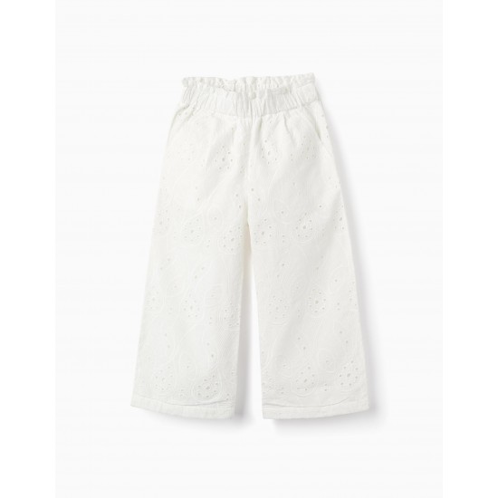 PANTS WITH ENGLISH EMBROIDERY FOR GIRLS, WHITE
