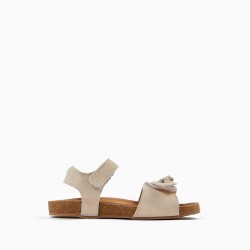 LEATHER SANDALS WITH BOW FOR GIRL, BEIGE
