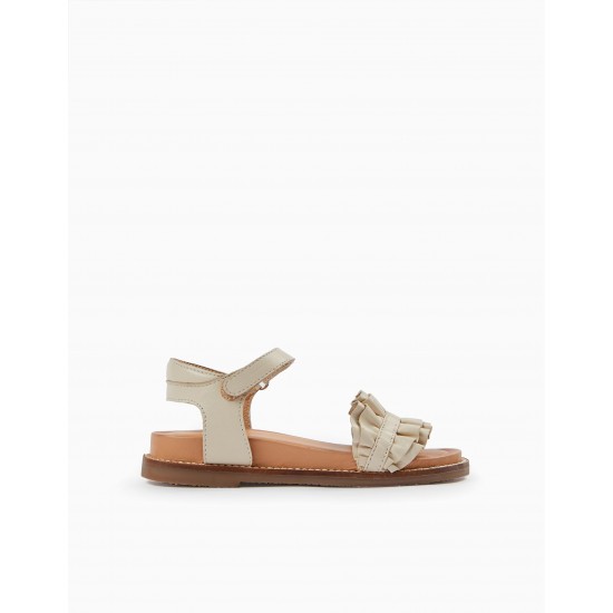RUFFLED LEATHER SANDALS FOR GIRLS, BEIGE