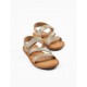 LEATHER AND GLITTER SANDALS FOR GIRL, CAMEL/SILVER