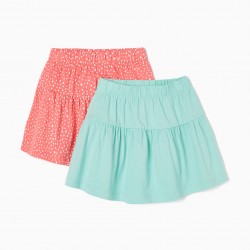 PACK 2 COTTON SKIRTS FOR GIRLS, CORAL/WATER GREEN