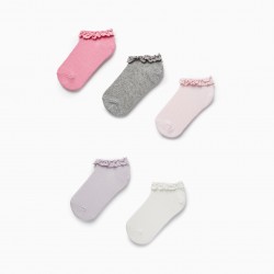 PACK 5 PAIRS OF SOCKS WITH LACE FOR GIRL, WHITE/LILAC/PINK/GRAY