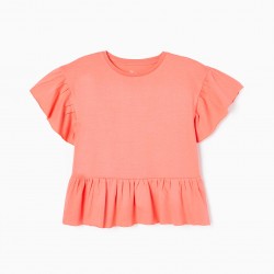 COTTON T-SHIRT WITH RUFFLES FOR GIRL, CORAL