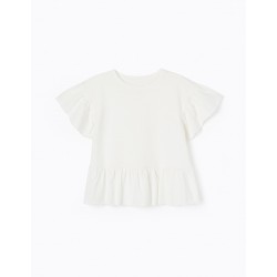 COTTON T-SHIRT WITH RUFFLES FOR GIRL, WHITE