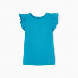 COTTON T-SHIRT WITH RUFFLES FOR GIRL, BLUE