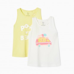 PACK 2 COTTON TOPS FOR GIRL 'POOL VS BEACH', WHITE/YELLOW