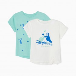 PACK 2 COTTON T-SHIRTS FOR GIRLS 'TOUCAN', WHITE/WATER GREEN