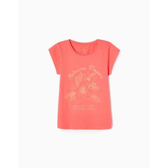 COTTON T-SHIRT FOR GIRL 'HIBISCUS FLOWER', CORAL