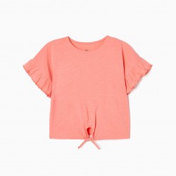 CROPPED COTTON T-SHIRT WITH KNOT FOR GIRL, PINK