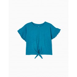 CROPPED COTTON T-SHIRT WITH KNOT FOR GIRL, TURQUOISE BLUE