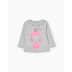 LONG SLEEVE T-SHIRT IN BABY COTTON GIRL, GREY/PINK