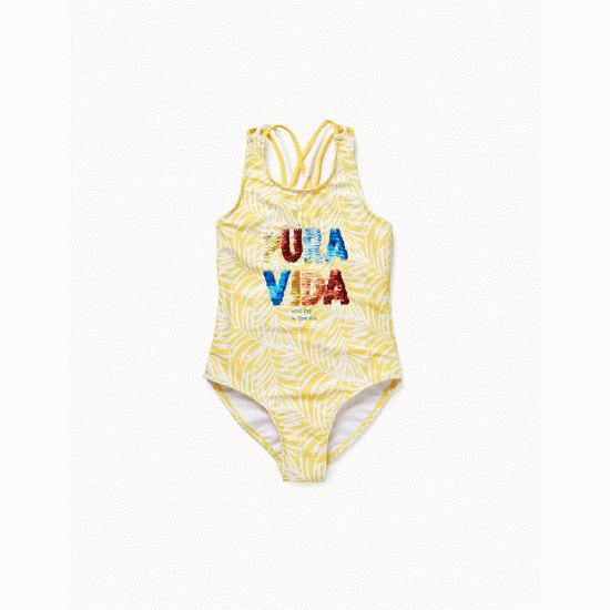 UV PROTECTION SWIMSUIT 80 FOR GIRL 'PURA VIDA', WHITE/YELLOW