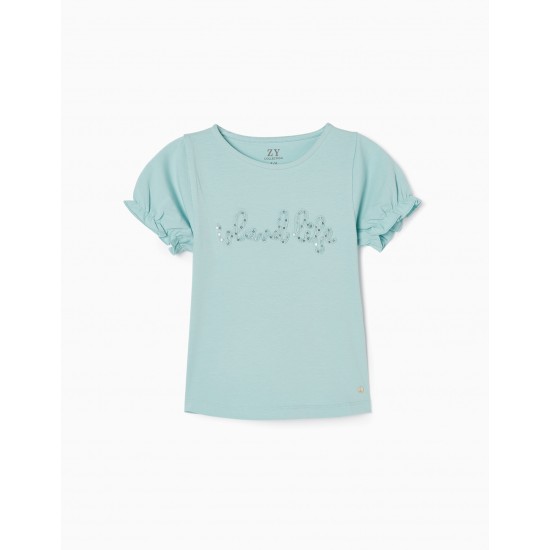 COTTON T-SHIRT FOR GIRL 'ISLAND LIFE', WATER GREEN