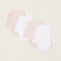 PACK 4 COTTON BODIES FOR BABY GIRL 'FLOWERS', WHITE / PINK
