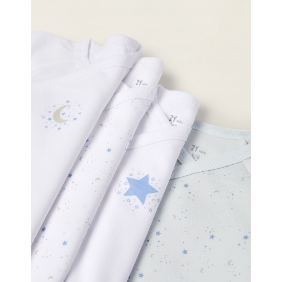 PACK 4 COTTON CROSS BODIES FOR NEWBORN 'MOONS AND STARS', WHITE/BLUE