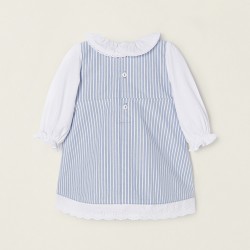 STRIPED DRESS WITH COTTON LINING FOR NEWBORN, WHITE/BLUE