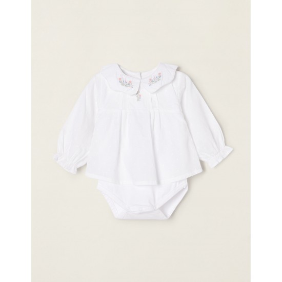 COTTON BODY-BLOUSE WITH EMBROIDERY FOR NEWBORN, WHITE