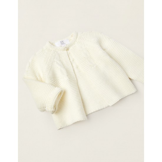 KNITTED JACKET WITH BUTTON FOR NEWBORN, WHITE