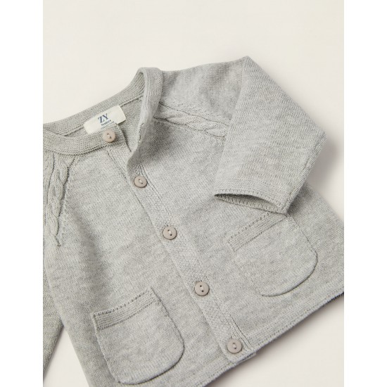 COTTON KNITTED JACKET FOR NEWBORN, LIGHT GREY