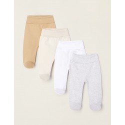 PACK 4 PLAIN PANTS WITH COTTON FEET FOR BABY, WHITE/BEIGE/GREY