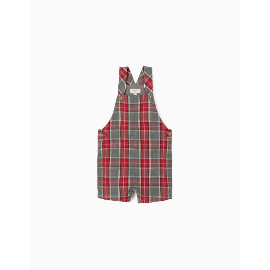BABY BOY 'B & S' PLAID DUNGAREES-SHORTS, RED/GREY