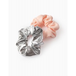2 GIRL SCRUNCHIE RUBBER BANDS PINK/SILVER