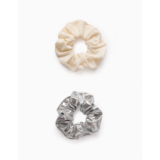 2 GIRL SCRUNCHIE RUBBER BANDS, WHITE/SILVER