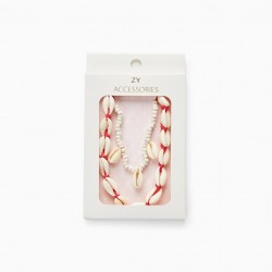   2 NECKLACES WITH SHELLS FOR GIRLS, WHITE/RED