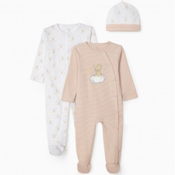 2 ROMPERS + HAT FOR BABY 'TEDDY BEAR', WHITE/BEIGE