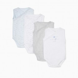 4 SLEEVELESS BODYSUITS FOR BABY BOY 'STARS', WHITE / GRAY / BLUE