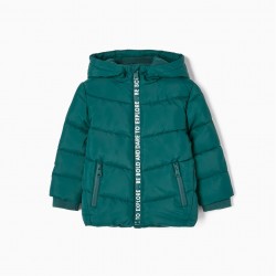 PADDED JACKET WITH HOOD AND POLAR LINING FOR BABY BOY 'DARE TO EXPLORE', GREEN