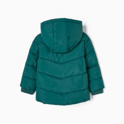 PADDED JACKET WITH HOOD AND POLAR LINING FOR BABY BOY 'DARE TO EXPLORE', GREEN