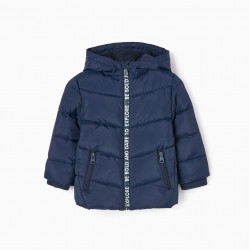 PADDED JACKET WITH HOOD AND POLAR LINING FOR BABY BOY 'BE BOLD', DARK BLUE