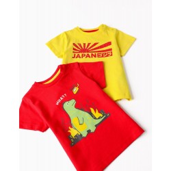 2 BABY BOY T-SHIRTS 'WHAT?', RED/YELLOW