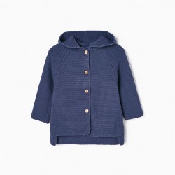 KNITTED JACKET WITH HOOD FOR BABY GIRL, BLUE